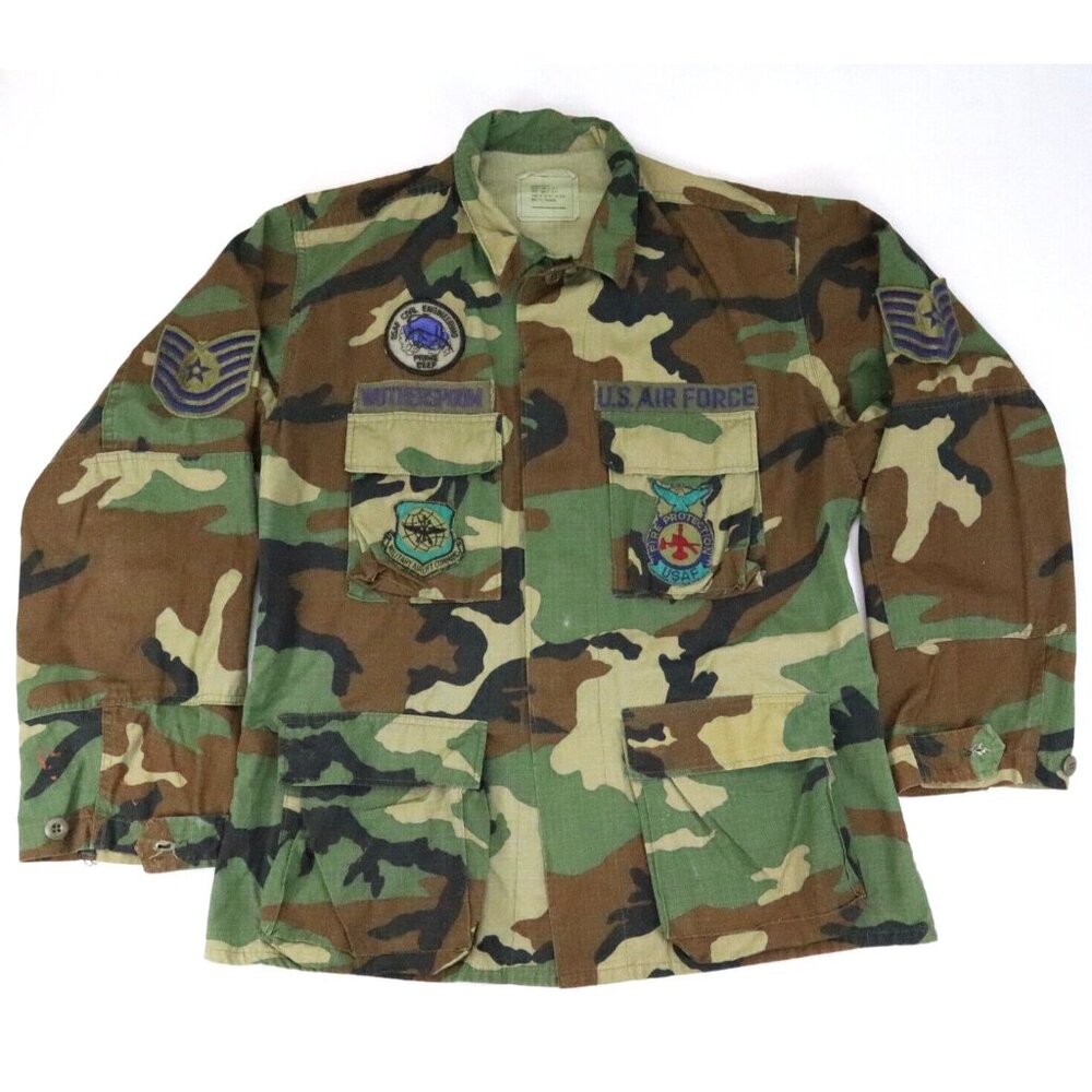 Vintage US AIR FORCE Camo Military Woodland Coat Patches‎ Combat Shirt Med Reg